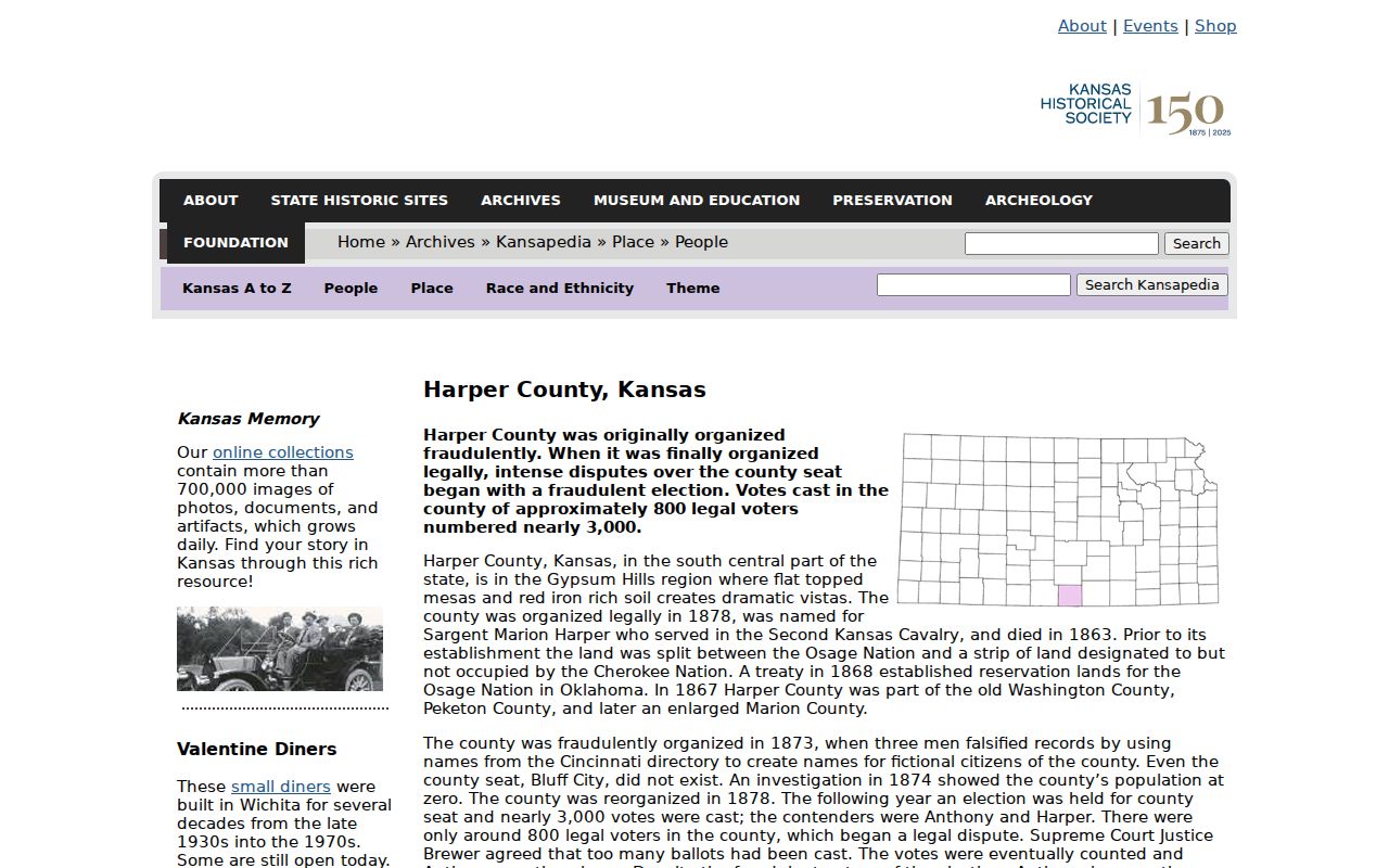 Kansas Historical Society Harper County history page